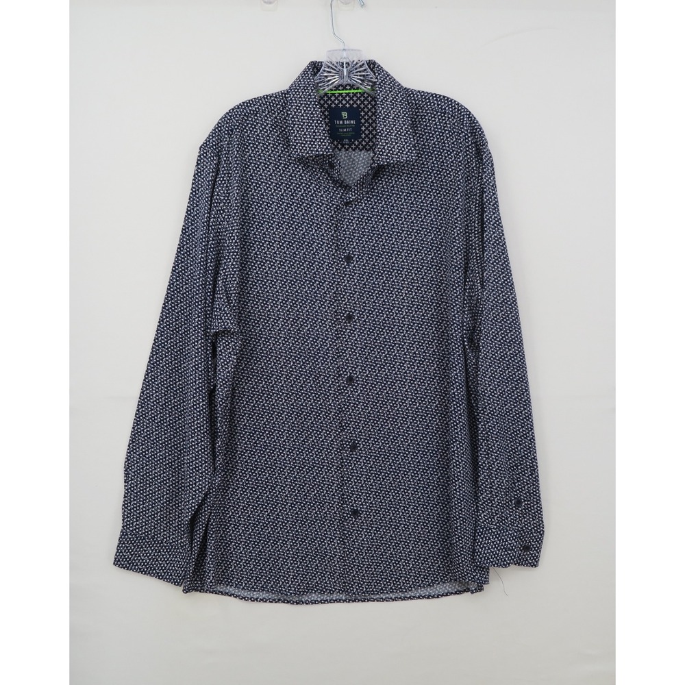 Tom Baine MenXXL Slim Fit Performance Button Down Shirt Navy Micro Print Stretch